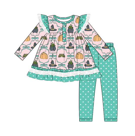 5.22 Preorder (moq 5)Baby Girls Pumpkins Magic Hats Tunic Blue Polka Dots Legging Pant Set