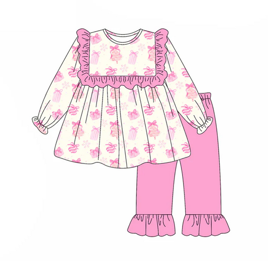 5.22 Preorder (moq 5)Baby Girls Long Sleeves Pink Bows Gifts Tunic Ruffle Pant Set