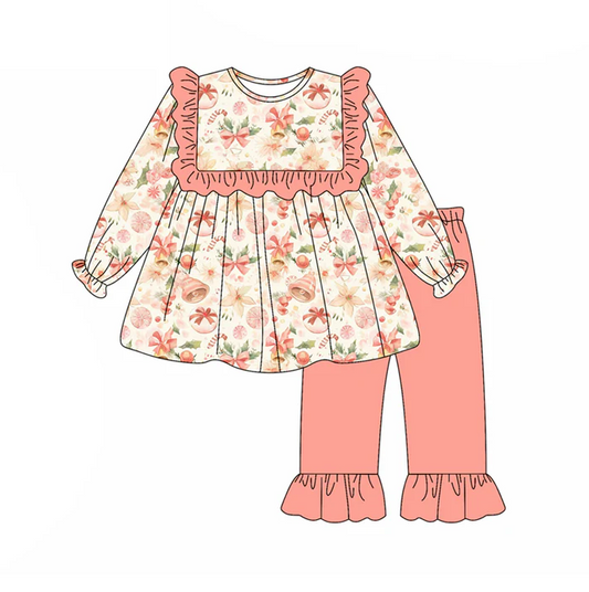 5.22 Preorder (moq 5)Baby Girls Long Sleeves Peach Floral Pumpkins Tunic Ruffle Pant Set