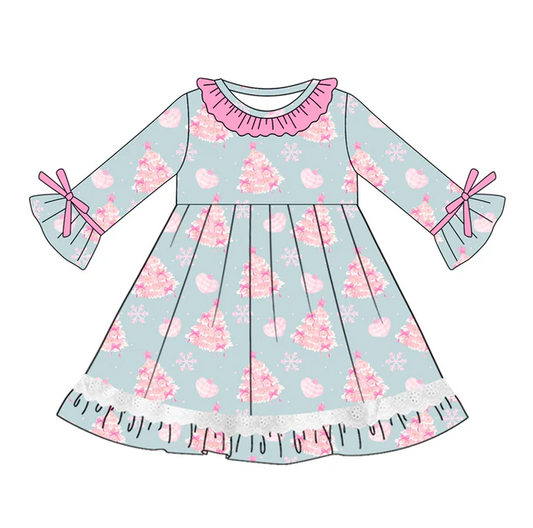 5.22 Preorder (moq 5)Baby Girls Long Sleeves Pink Treed Snowflake Ruffle Button Knee Length Dresses