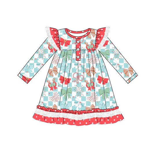 5.22 Preorder (moq 5)Baby Girls Long Sleeves Blue Plaid Colorful Bows Ruffle Button Knee Length Dresses