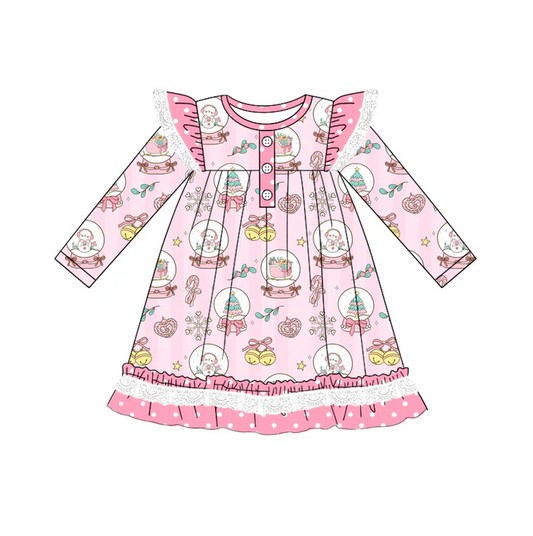 5.22 Preorder (moq 5)Baby Girls Long Sleeves Pink Snowmen Trees Ruffle Button Knee Length Dresses