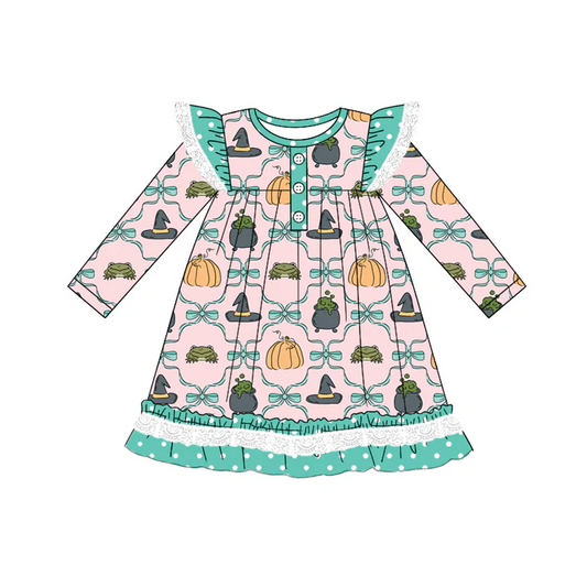 5.22 Preorder (moq 5)Baby Girls Long Sleeves Bows Pumpkins Plaid Ruffle Button Knee Length Dresses