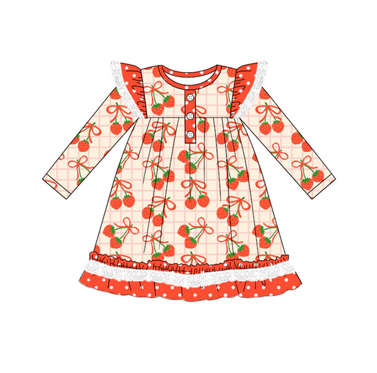 5.22 Preorder (moq 5)Baby Girls Long Sleeves Red Plaid Bows Strawberry Ruffle Button Knee Length Dresses