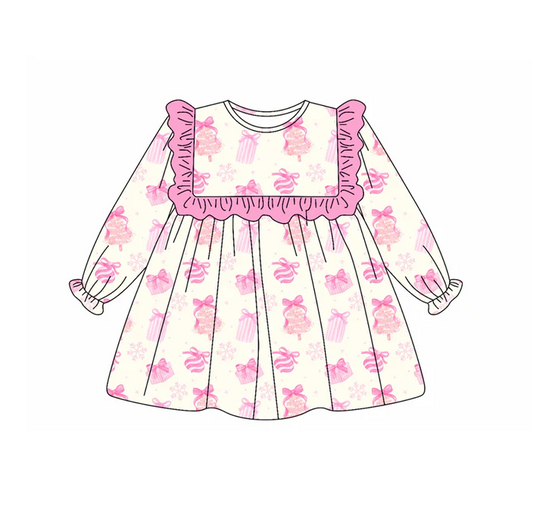 5.22 Preorder (moq 5)Baby Girls Long Ruffle Sleeves Pink Bows Gifts Knee Length Dresses