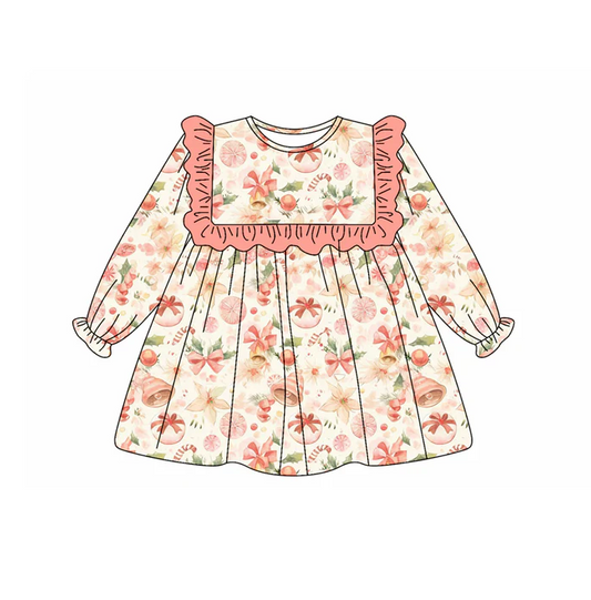5.22 Preorder (moq 5)Baby Girls Long Ruffle Sleeves Flowers Pumpkins Knee Length Dresses