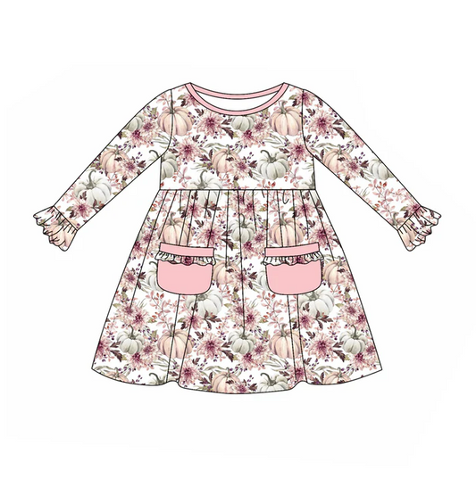5.22 Preorder (moq 5)Baby Girls Long Sleeves Pink Floral Pumpkins Pockets Ruffle Knee Length Dress
