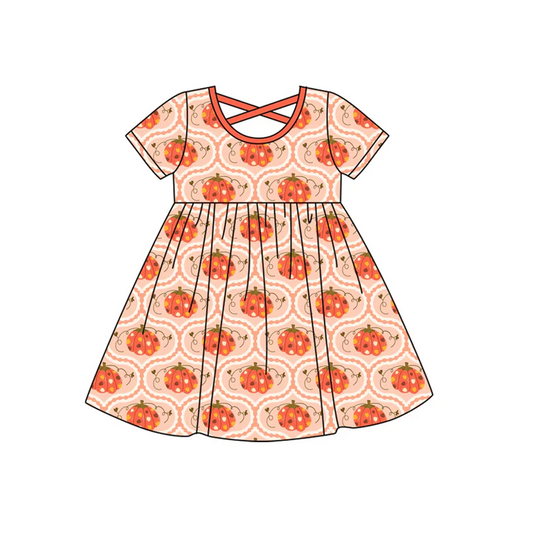 5.22 Preorder (moq 5)Baby Girls Orange Short Sleeves Pumpkins Plaid Knee Length Dresses