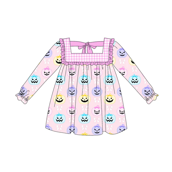 5.22 Preorder (moq 5)Baby Girls Pink Long Ruffle Sleeves Bows Pumpkins Knee Length Dresses