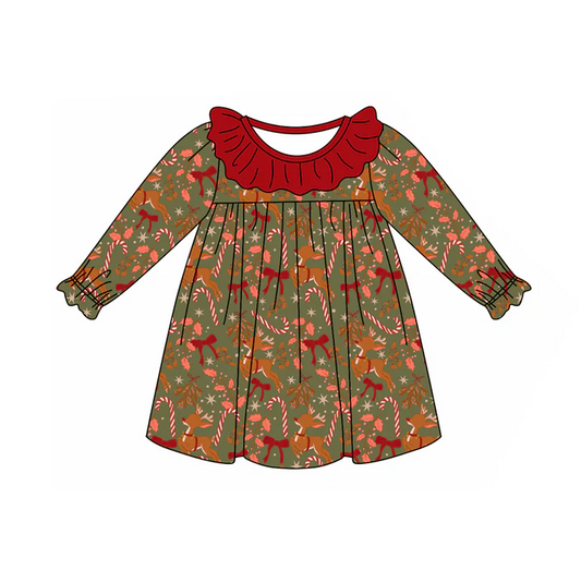 5.22 Preorder (moq 5)Baby Girls Red Long Ruffle Sleeves Bows Deer Candy Cane Knee Length Dresses