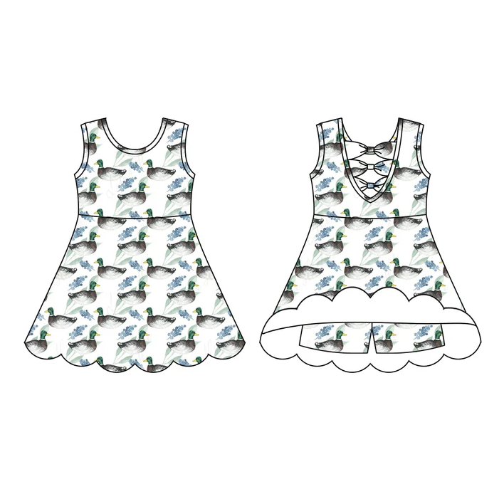 5.23 Preorder (moq 5)Baby Girls Sleeveless Blue Ducks Plaid Short Knee Length Dress