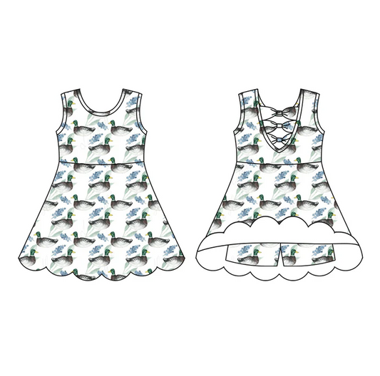 5.23 Preorder (moq 5)Baby Girls Sleeveless Blue Ducks Plaid Short Knee Length Dress