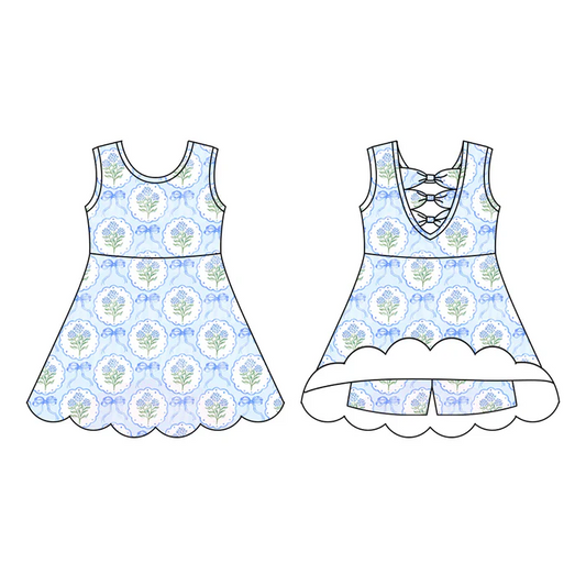 5.23 Preorder (moq 5)Baby Girls Sleeveless Blue Bows Flowers Plaid Short Knee Length Dress