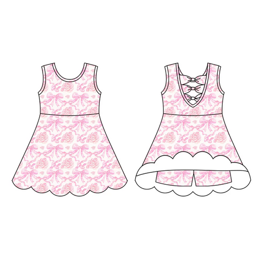 5.23 Preorder (moq 5)Baby Girls Sleeveless Pink Bows Rose Flowers Short Knee Length Dress