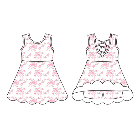 5.23 Preorder (moq 5)Baby Girls Sleeveless Pink Bows Flowers Short Knee Length Dress