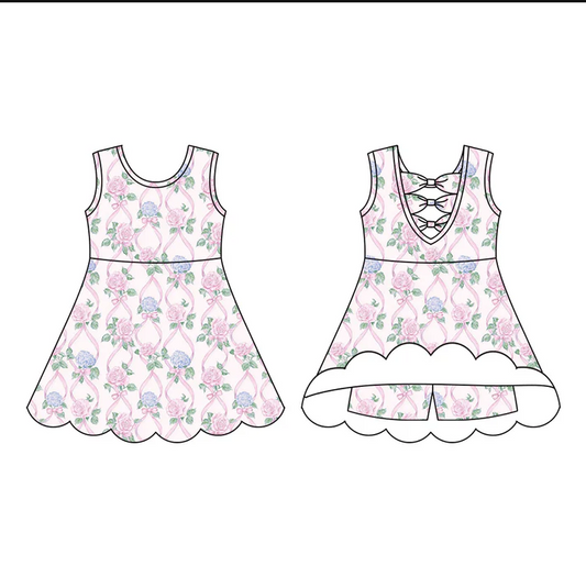 5.23 Preorder (moq 5)Baby Girls Sleeveless Pink Bows Flowers Plaid Short Knee Length Dress