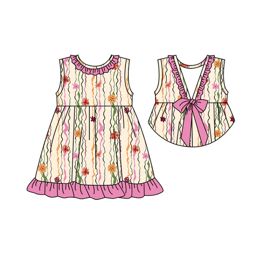 5.22 Preorder (moq 5)Baby Girls Sleeveless Pink Flowers Stripe Knee Length Dress