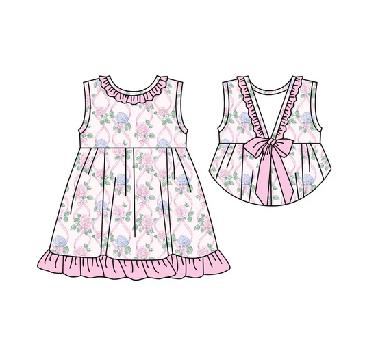5.22 Preorder (moq 5)Baby Girls Sleeveless Pink Bows Flowers Plaid Knee Length Dress