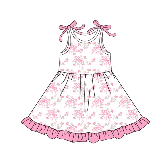 5.22 Preorder (moq 5)Baby Girls Sleeveless Pink Bows Flowers Knee Length Dress