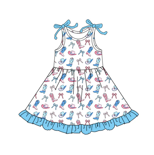5.22 Preorder (moq 5)Baby Girls Sleeveless Blue Bows Boots Hats Knee Length Dress