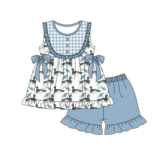 5.23 Preorder (moq 5)Baby Girls Sleeveless Blue Ducks Bows Button Tunic Ruffle Shorts Sets