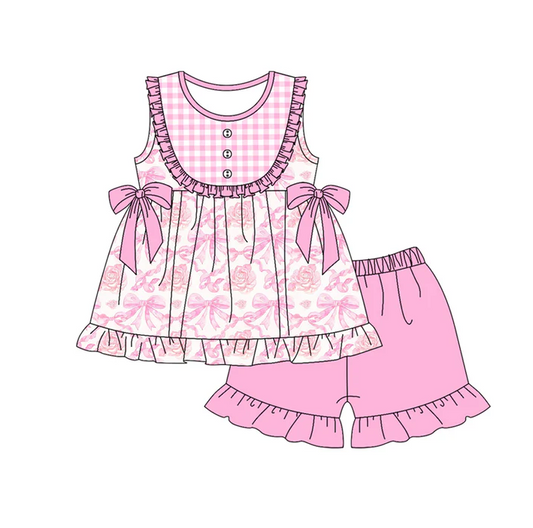 5.23 Preorder (moq 5)Baby Girls Sleeveless Pink Bows Flowers Button Tunic Ruffle Shorts Sets