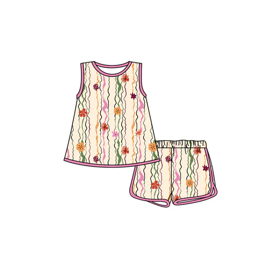 5.23 Preorder (moq 5)Baby Girls Sleeveless Stripe Flowers Tunic Shorts Clothes Sets