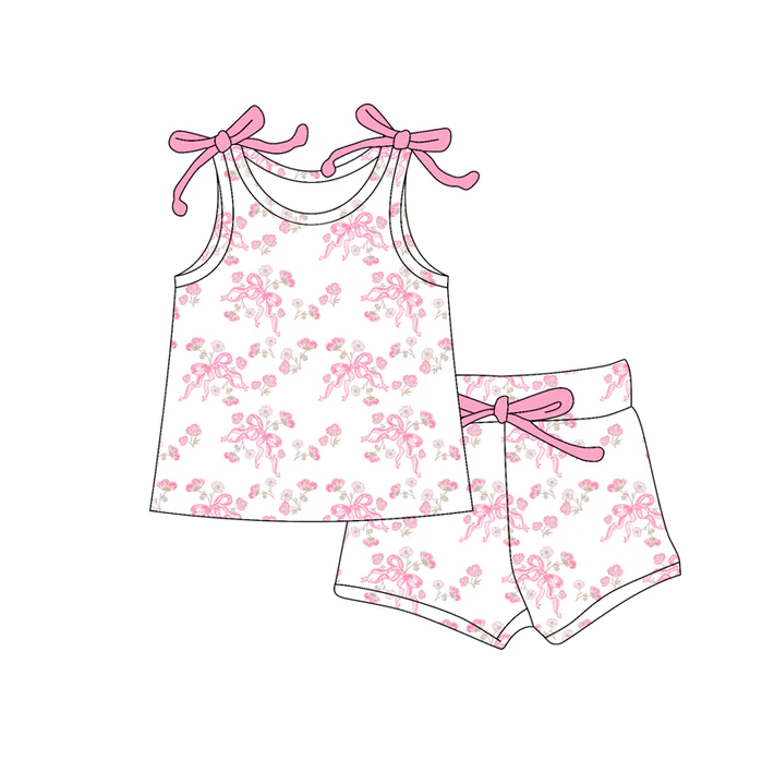 5.23 Preorder (moq 5)Baby Girls Sleeveless Pink Bows Flowers Top Shorts With Belt Sets