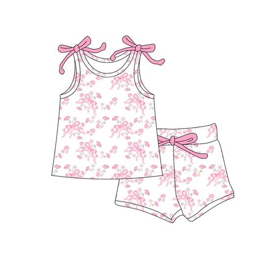 5.23 Preorder (moq 5)Baby Girls Sleeveless Pink Bows Flowers Top Shorts With Belt Sets