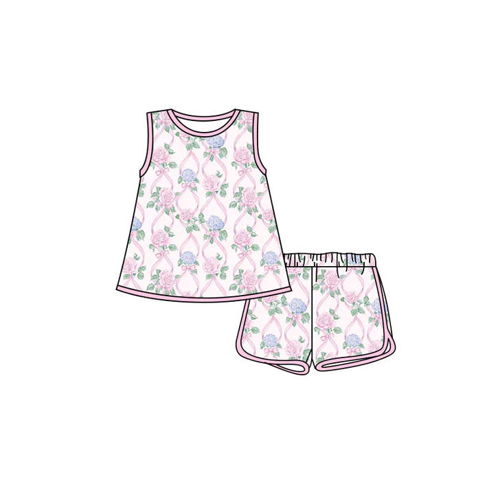 5.23 Preorder (moq 5)Baby Girls Sleeveless Pink Bows Flowers Top Shorts Clothes Sets