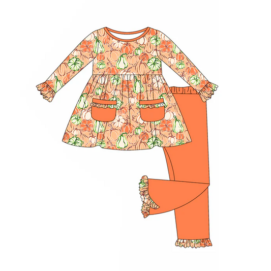 5.23 Preorder (moq 5)Baby Girls Long Ruffle Sleeves Pumpkins Plaid Pockets Tunic Pant Set