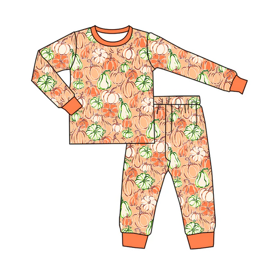 5.23 Preorder (moq 5)Baby Girls Short Sleeves Pumpkins Plaid Top Pant Pajamas Set