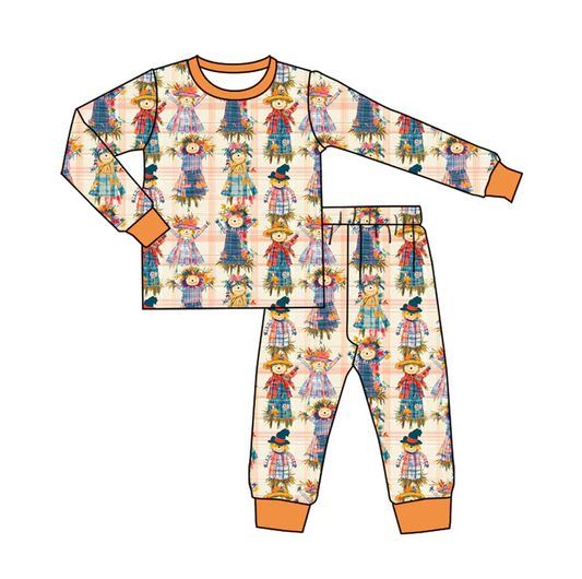 5.23 Preorder (moq 5)Baby Girls Orange Plaid Scarecrows Top Pant Pajamas Set
