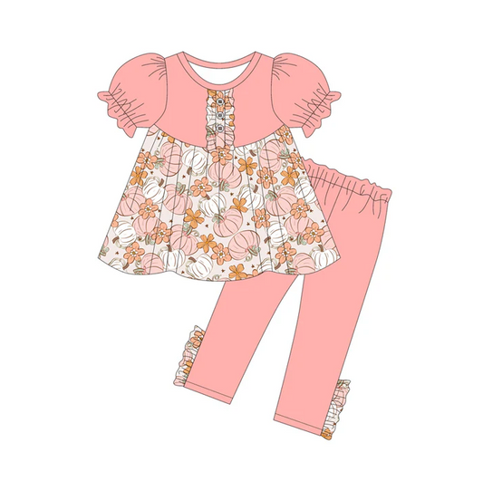 5.23 Preorder (moq 5)Baby Girls Pink Short Ruffle Sleeves Floral Pumpkins Button Tunic Legging Pant Set