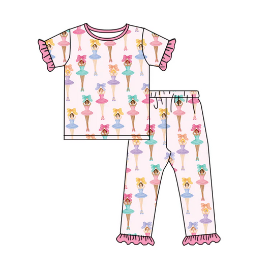 5.23 Preorder (moq 5)Baby Girls Short Ruffle Sleeves Pink Bows Dancers Top Pant Pajamas Set