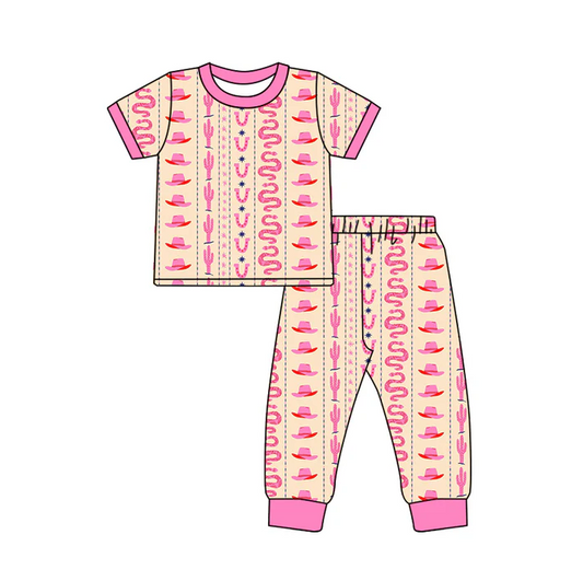 5.23 Preorder (moq 5)Baby Girls Short Ruffle Sleeves Pink Cactus Hats Top Pant Pajamas Set