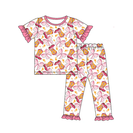 5.23 Preorder (moq 5)Baby Girls Short Ruffle Sleeves Pink Bows Boots Top Pant Pajamas Set