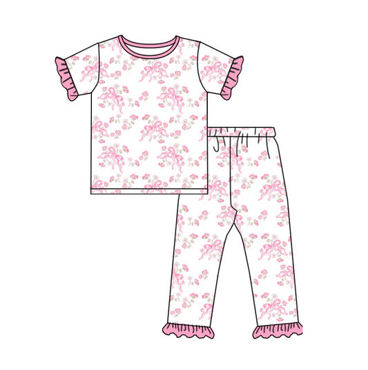 5.23 Preorder (moq 5)Baby Girls Short Ruffle Sleeves Pink Bows Flowers Top Pant Pajamas Set