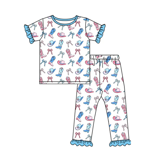 5.23 Preorder (moq 5)Baby Girls Short Ruffle Sleeves Blue Bows Boots Top Pant Pajamas Set