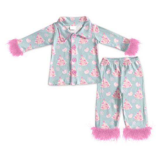 5.23  Preorder (moq 5)Baby Girls Long Sleeves With Fur Pink Snowflake Trees Top Pant Pajamas Set