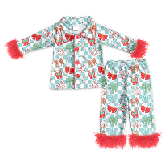 5.23 Preorder (moq 5)Baby Girls Long Sleeves With Fur Blue Plaid Colorful Bows Top Pant Pajamas Set