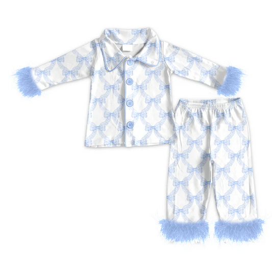 5.23 Preorder (moq 5)Baby Girls Long Sleeves With Fur Blue Bows Plaid Top Pant Pajamas Set