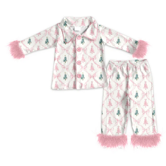 5.23 Preorder (moq 5)Baby Girls Long Sleeves With Fur Pink Bows Trees Plaid Top Pant Pajamas Set
