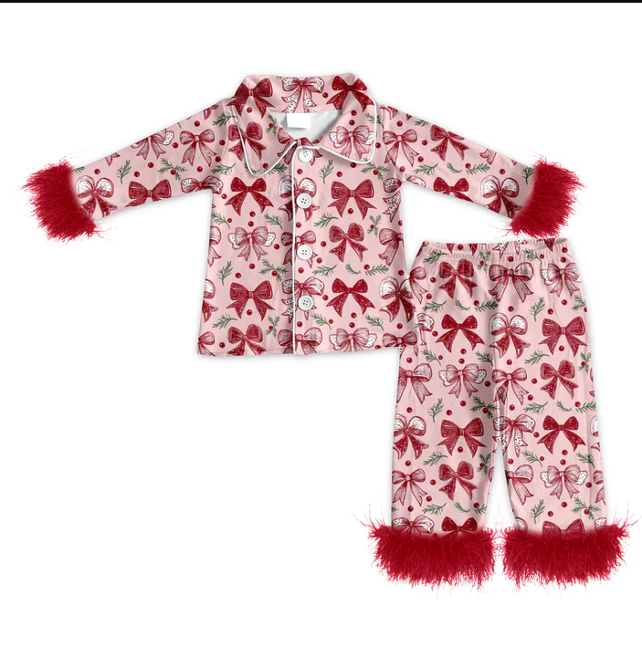 5.23 Preorder (moq 5)Baby Girls Long Sleeves With Fur Red Bows Plaid Button Top Pant Pajamas Set
