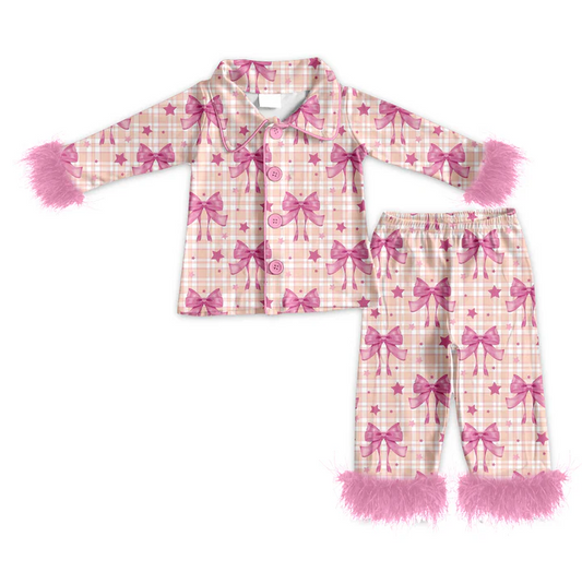 5.23 Preorder (moq 5)Baby Girls Long Sleeves With Fur Pink Plaid Stars Bows Button Top Pant Pajamas Set