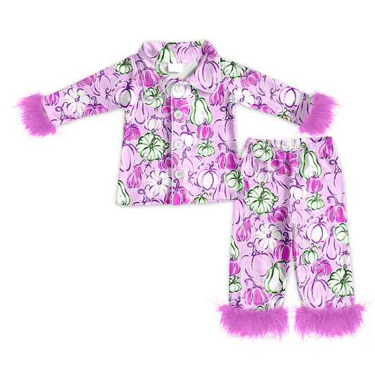 5.23 Preorder (moq 5)Baby Girls Long Sleeves With Fur Pink Floral Pumpkins Button Top Pant Pajamas Set