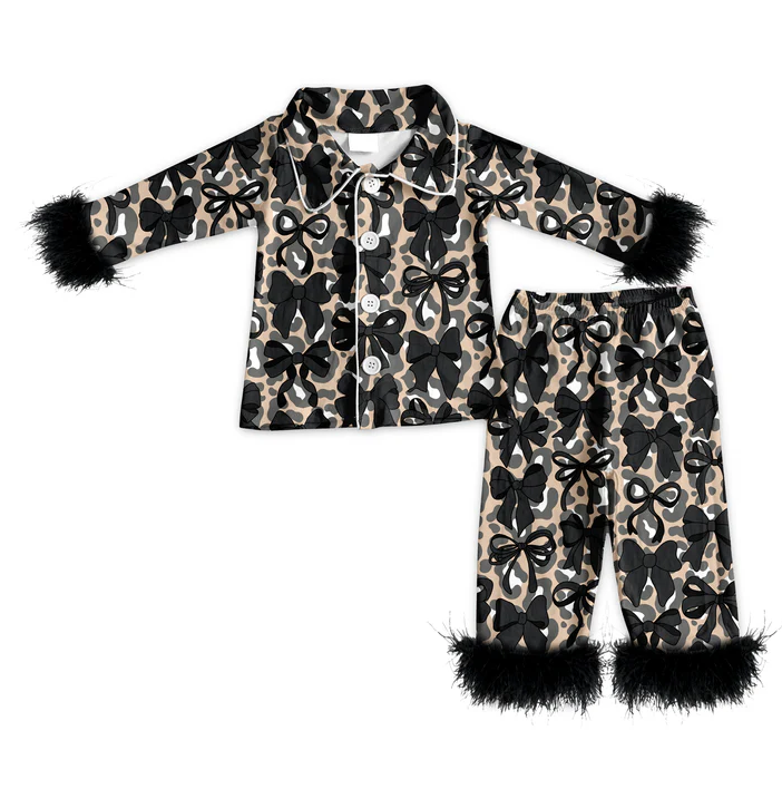 5.23 Preorder (moq 5)Baby Girls Long Sleeves With Fur Black Camo Bows Button Top Pant Pajamas Set