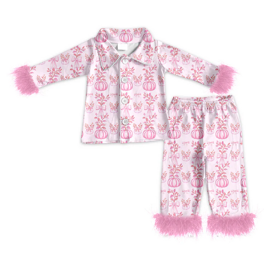 5.23 Preorder (moq 5)Baby Girls Pink Long Sleeves With Fur Button Pumpkins Floral Top Pant Pajamas Set