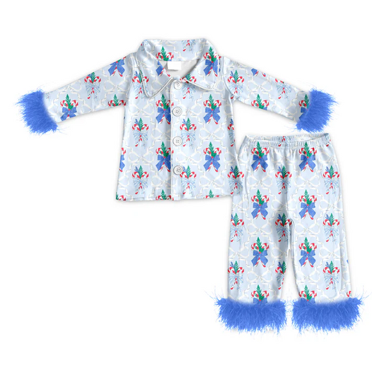 5.23 Preorder (moq 5)Baby Girls Blue Long Sleeves With Fur Button Bows Candy Cane Top Pant Pajamas Set