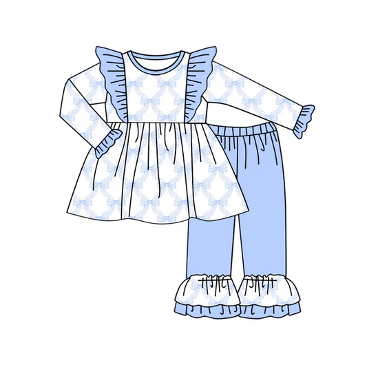 5.23 Preorder (moq 5)Baby Girls Long Sleeves Blue Bows Plaid Tunic Ruffle Pant Set